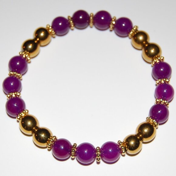 Purple and Gold Bracelet,Purple Stone and Golden 8mm Beads - Picture 3 of 3